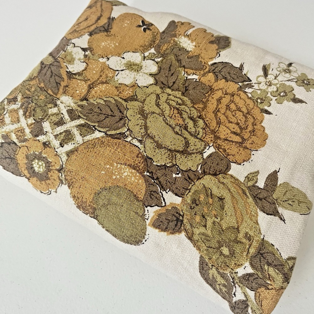 Vintage Luther Travis Linen Tablecloth MCM upcycle *As is* 47x66 golden floral